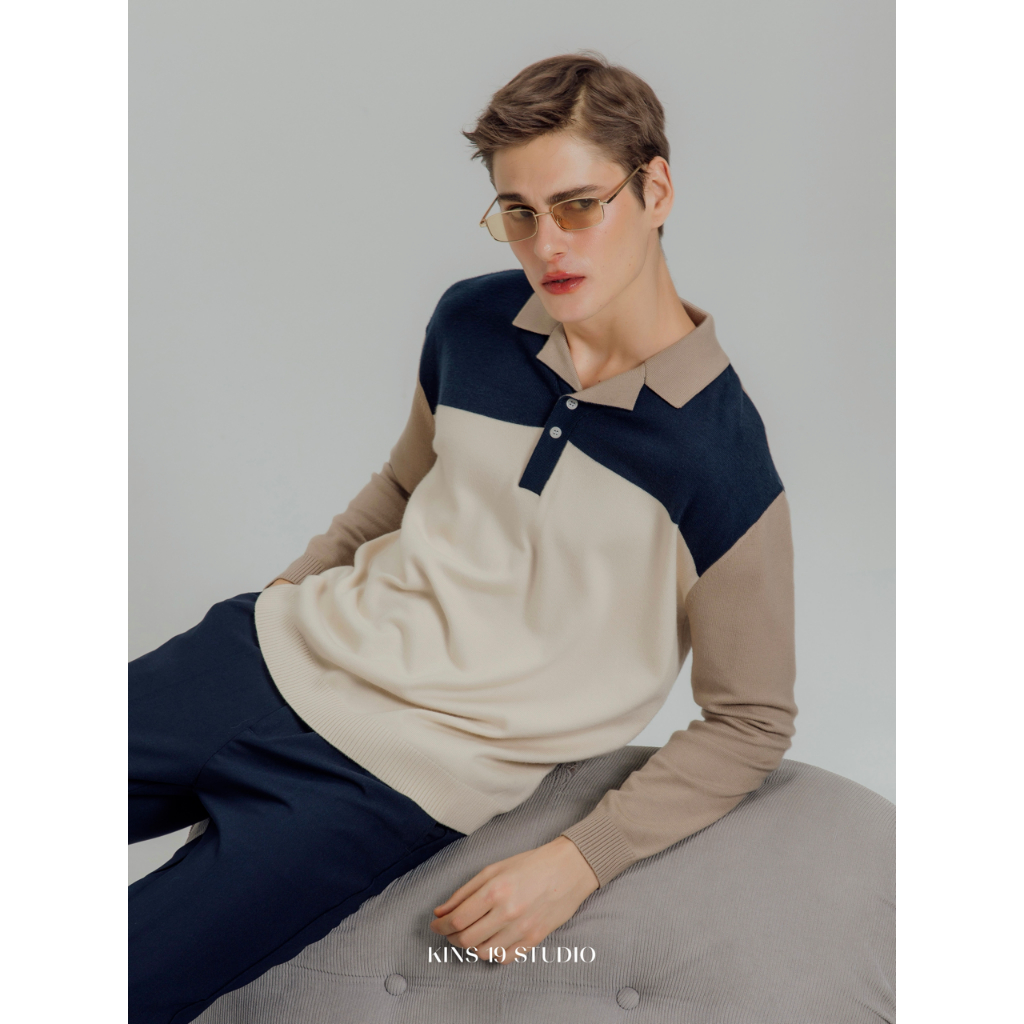 KINS | เสื้อแขนยาวไหมพรม คอปกกระดุม สี Triple Tone (KN110)