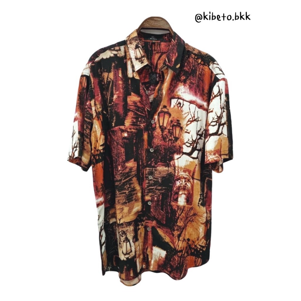 kibeto เสื้อฮาวาย ลายกิ่งไม้เสาไฟ สีแดง ผ้าสปันเรยอน เนื้อนิ่ม ใส่สบาย