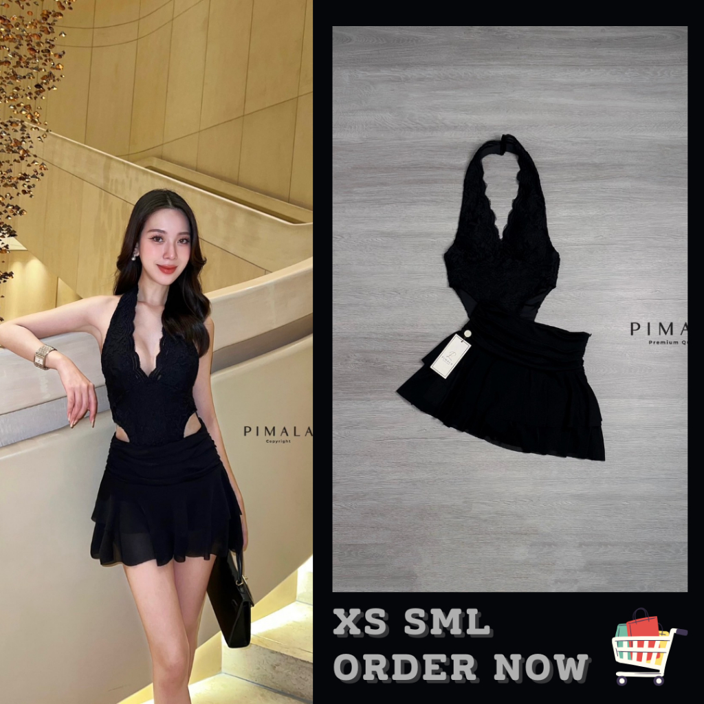 XS-L ชุดเซ็ทสีดำแบบเซ็กซี่ บอดี้สูท + กระโปรงสั้นสีดำ งานป้าย Pimala ชุดแซ่บๆ ชุดพีอาร์ ชุดเที่ยวผับ