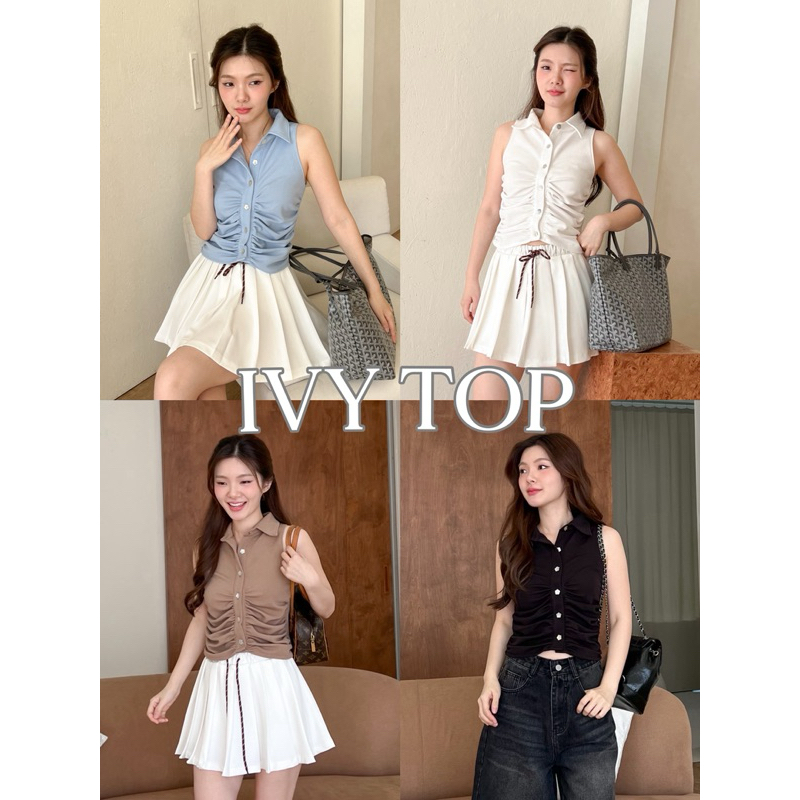 (เหลือ 245.- เก็บโค้ด “ร้านโค้ดคุ้ม 30%” ) SHOP.POPO-Ivy top เสื้อคอปกแขนกุดย่นหน้า