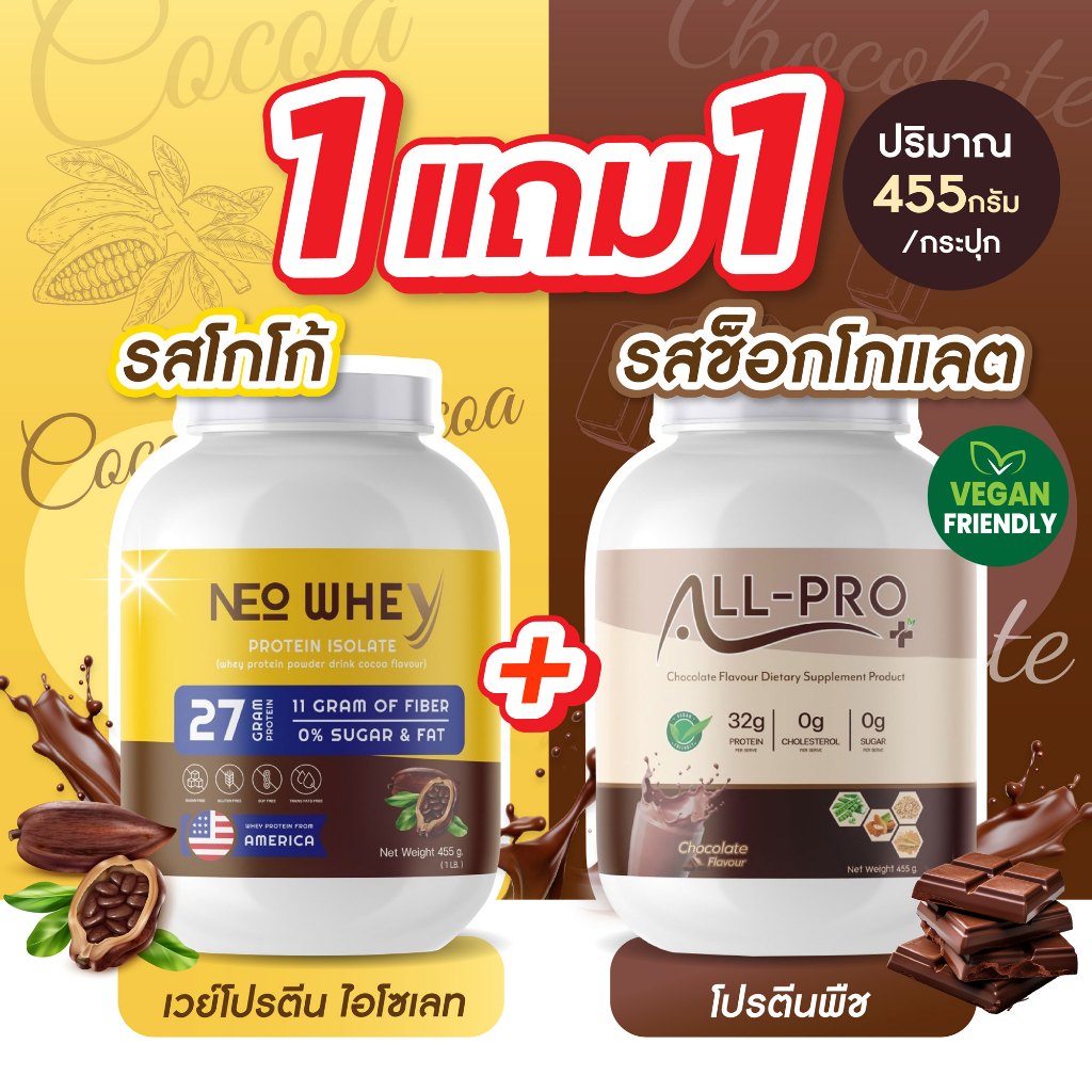 [1แถม1] NEO เวย์โปรตีน รสโกโก้ + ALL PRO โปรตีนพืช รสช็อคโกแลต ไม่มีน้ำตาล อร่อย ไฟเบอร์สูง 455g.