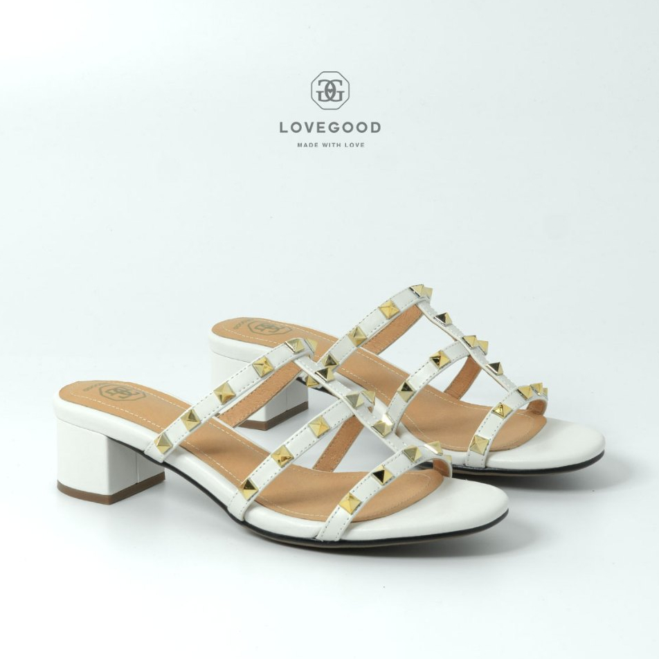 [ LoveGood ] Villa รองเท้าหนังวัวแท้ แต่งสายคาดด้านหน้า ประดับหมุดสีทอง ส้นสูง 1.5" ไซส์ 35-42
