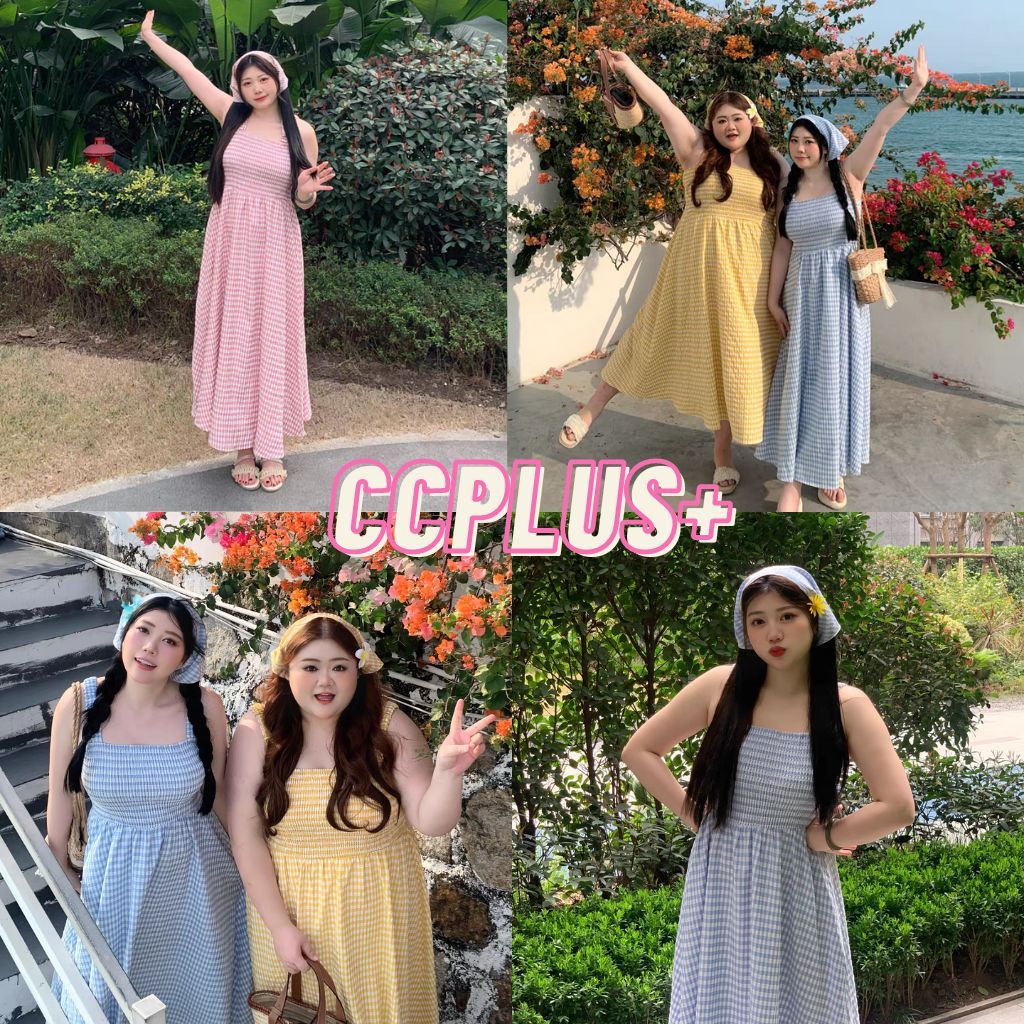 cici plus+ (3316) เดรสสายเดี่ยวลายสก็อต แต่งสม็อครอบอก มาพร้อมผ้าโพกหัวเก๋ๆ สไตล์สาวเกาหลีเหมาะสำหรับสาวพลัสไซส์