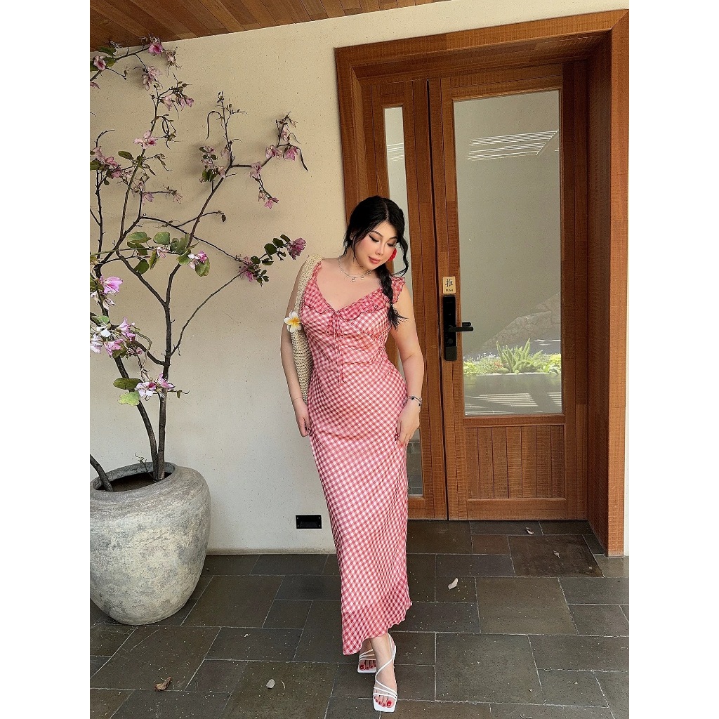 CiCi Plus+ (3339) เดรสสายเดี่ยวยาวลายสก๊อตแต่งระบายพร้อมเชือกผูกโบว์ด้านหน้า มีซิปข้าง มีซับใน เหมาะสำหรับสาวพลัสไซส์ - รูปที่ 2