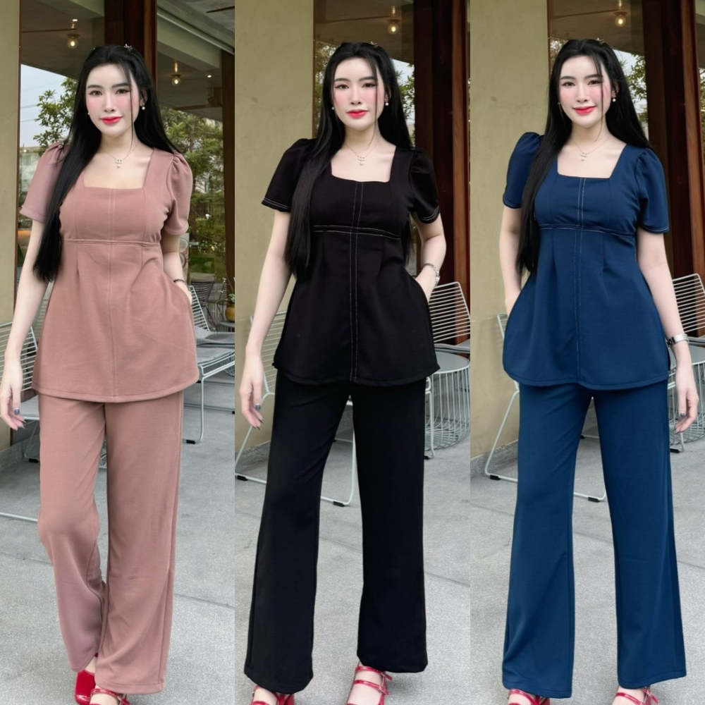 สินค้าพร้อมส่ง ชุดเซตผ้าวูลเวฟ เสื้อทรงยาวคอเหลี่ยมผ่าข้าง+กางเกงเอวเรียบมีกระเป๋า A4609