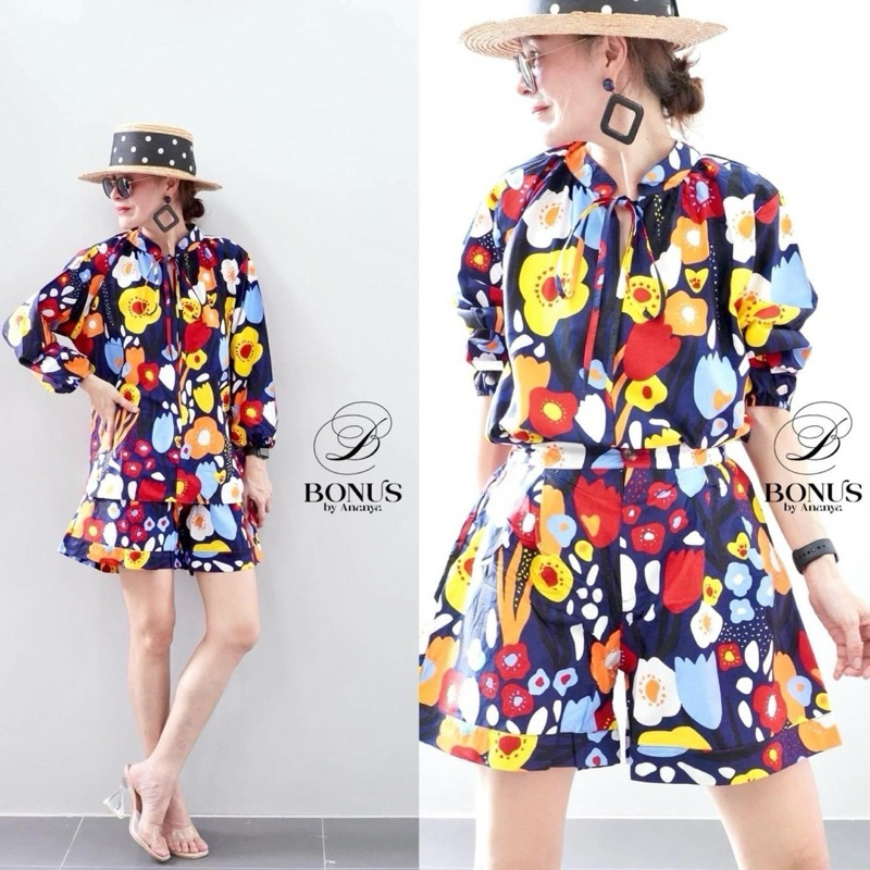 Bonus by Ananya ชุดเซ็ตเสื้อคอจีน ผ้าคอตตอลญี่ปุ่นแท้ 100% พิมพ์ลาย เสื้อคอจีน