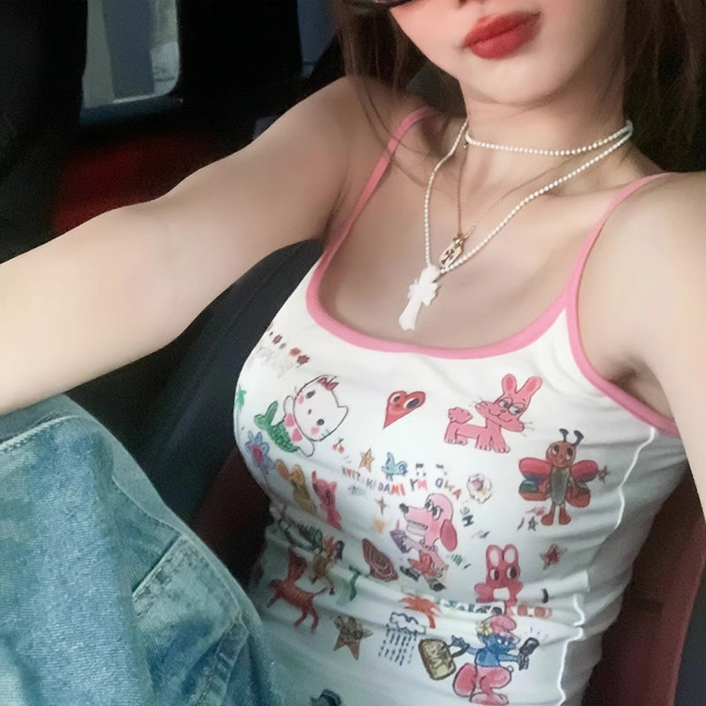 สาวฮอตหวาน Graffiti พิมพ์เชือกแขวนคอความงามกลับบริสุทธิ์ปรารถนาเซ็กซี่ภายในพอดีบางบางสั้นร้อยสบายเสื้อกั๊ก