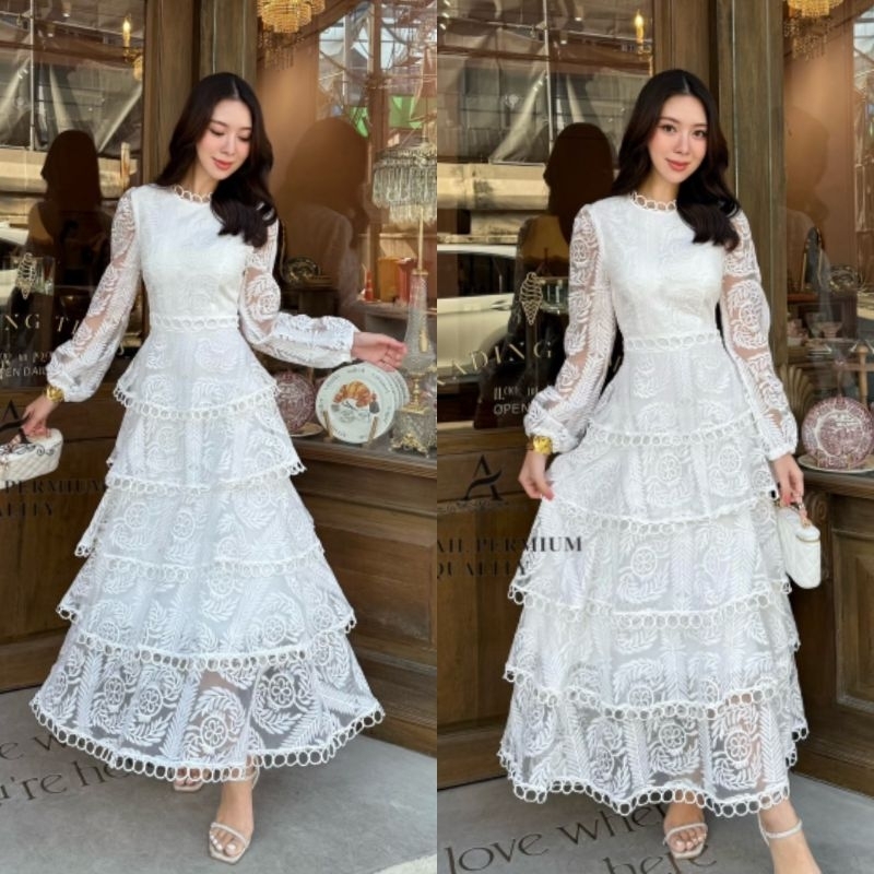 เดรสยาวลูกไม้แขนยาว งานแต่งระบายชั้นๆ ผ้าเนื้อดีใส่สวยมาก