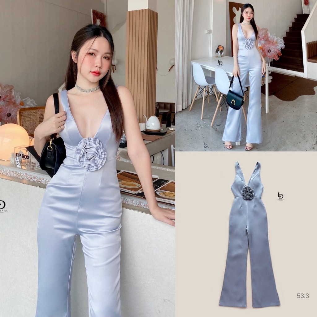 LN27 Linda จั๊มขายาวสีฟ้าเทาสีตรงปก