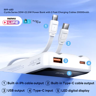 【New! CCC Certified】 Remax Power Bank รุ่น RPP-680 20000mAh แบตสำรอง มีสายในตัว ชาร์จเร็ว มอก. ประกันศูนย์ไทย