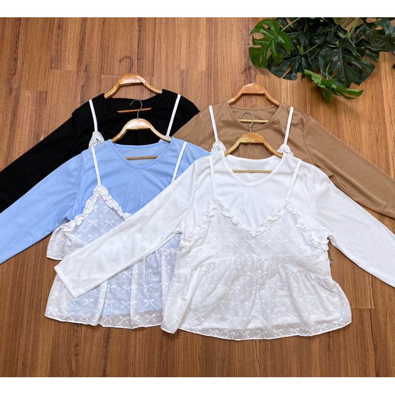 เสื้อแต่งสายเดี่ยวฉลุลายโบว์แขนยาว สาวอวบ (A256)