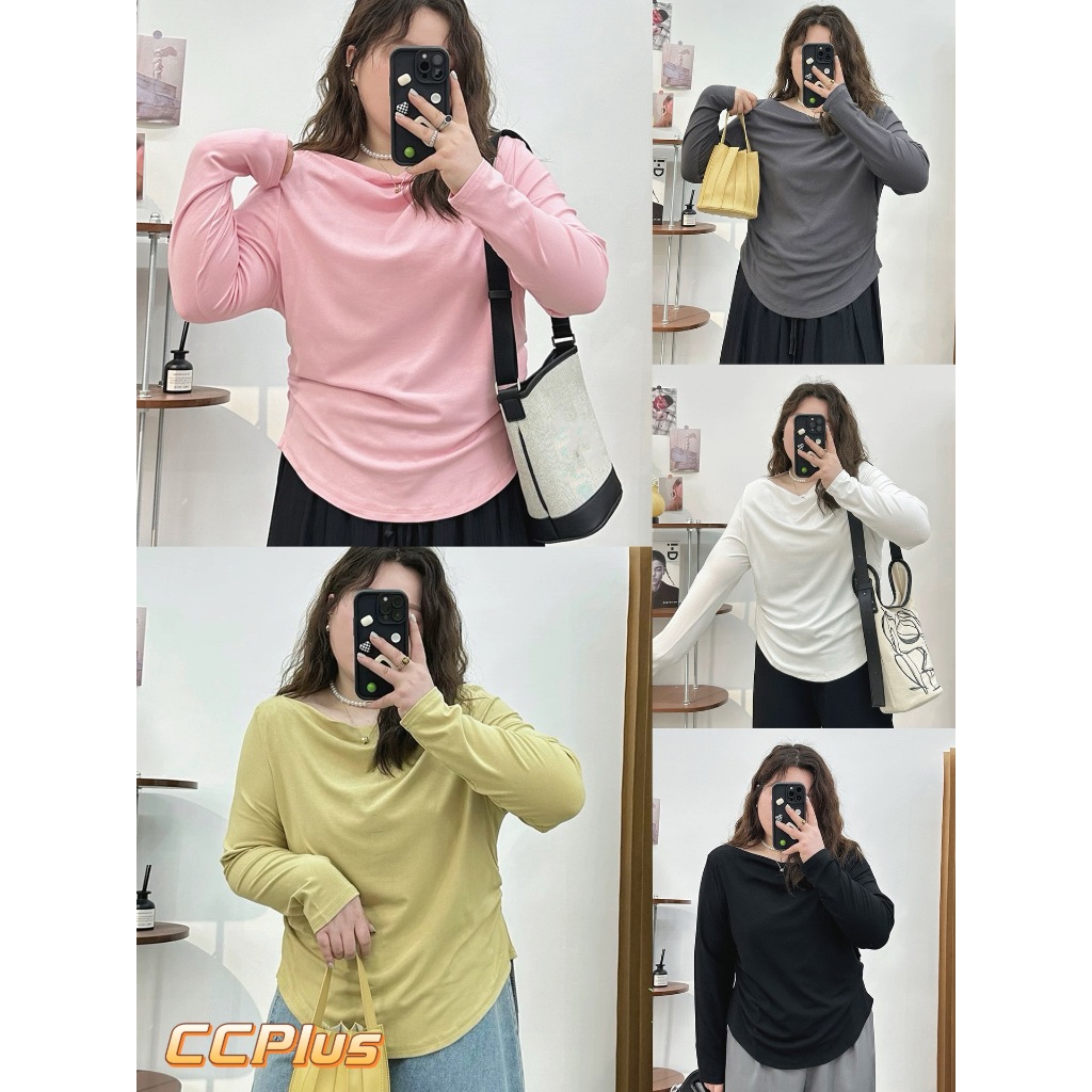 CiCi Plus+(1502)เสื้อแขนยาวผ้ายืดใส่สบาย แต่งคอย่น สวยทรูดูแพงเหมาะสำหรับสาวพลัสไซส์