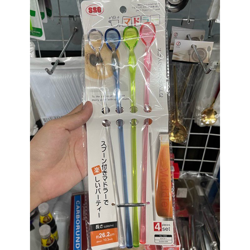 ช้อนน้ำปั่น ไม้ชงเครื่องดื่ม ช้อนพลาสติกด้ามยาว 26cm แพ็ค 4 อัน คละสี ใช้ซ้ำได้ ไม้ชงค็อกเทล