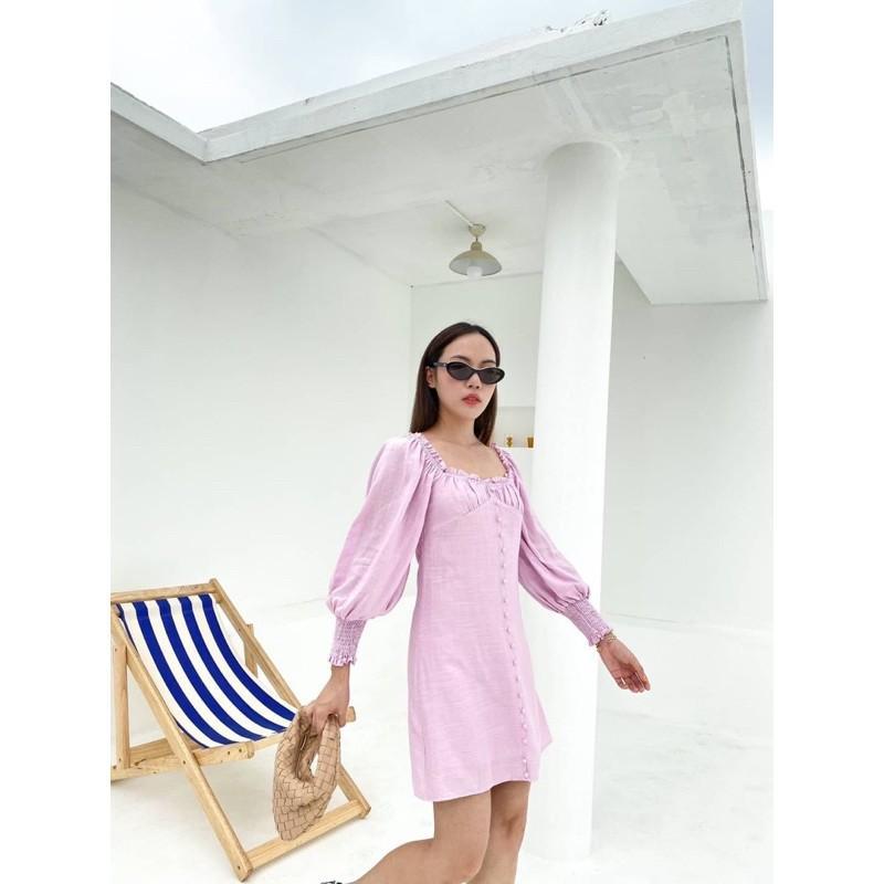 Vanita เดรสปาดไหล่เเขนพองผ้าลินิน