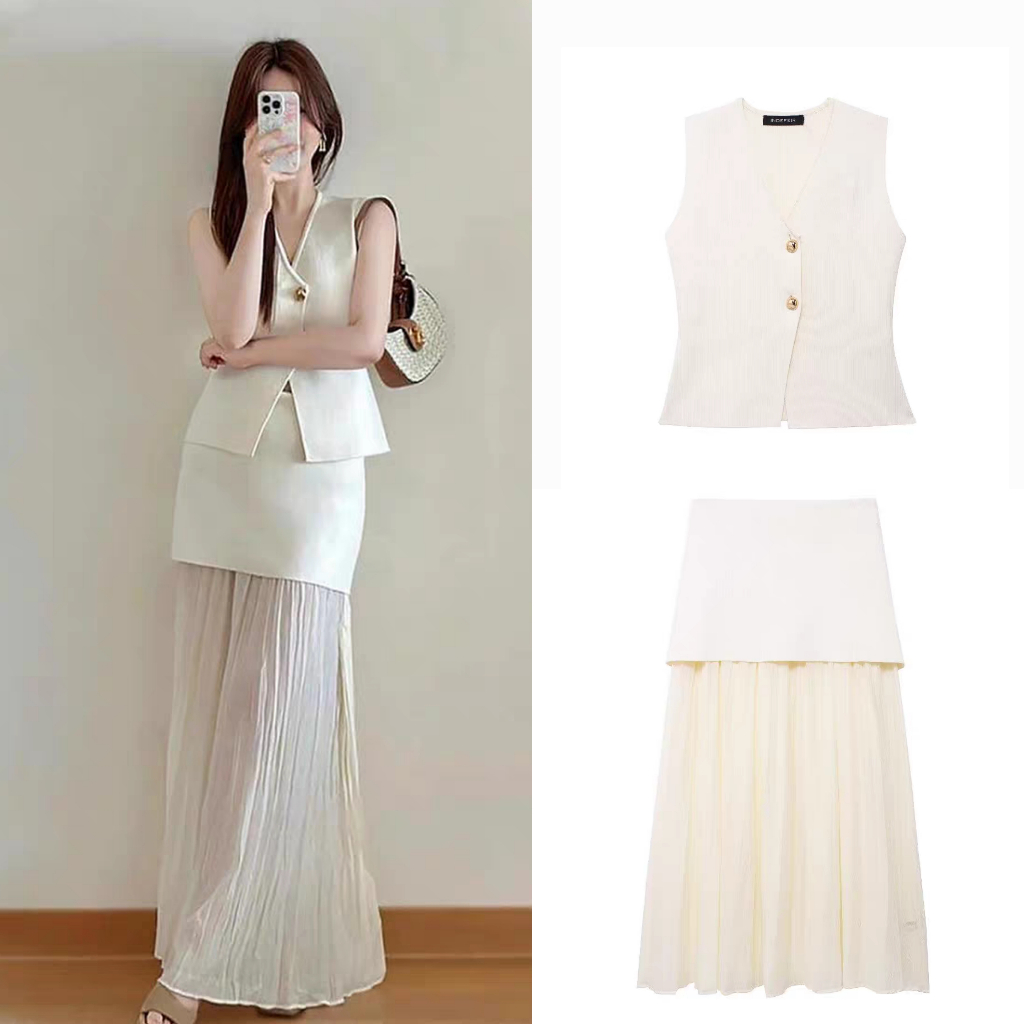 พร้อมส่ง ชุดเซ็ต2ชิ้น เสื้อไหมพรมแขนกุด กับกระโปรงยาวสีครีมอ่อน (S217)