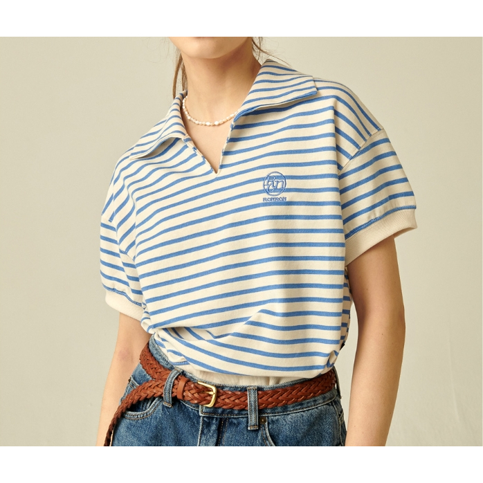 Ronron Stripe Collar Half T-Shirt (Blue, Navy)