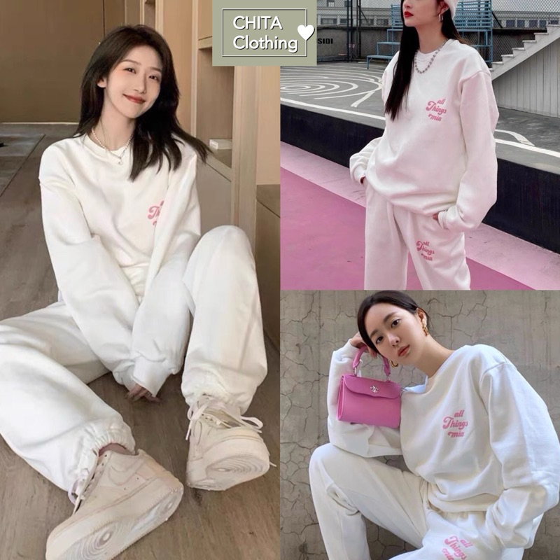 Set 2 pcs เสื้อแขนยาว สกรีนอักษรช่วงอก + กางเกงขายาว งานนำเข้า