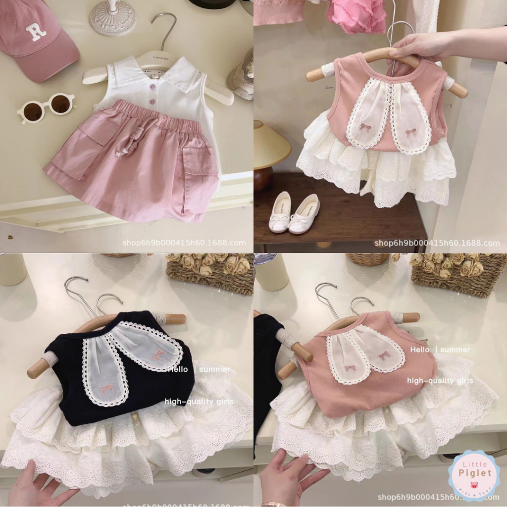 Little Piglet พร้อมส่ง ชุดเซ็ต เสื้อแขนกุด กระโปรง น่ารัก เด็กผู้หญิง กระต่าย สไตล์เกาหลี สีชมพู