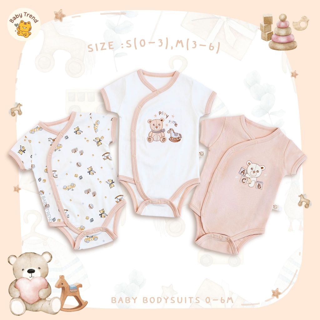 Babytrend บอดี้สูทเด็กอ่อน 0-6 เดือน (เซ็ต 3 ตัว) กระดุมสแนปด้านหน้า ผ้าคอตตอน