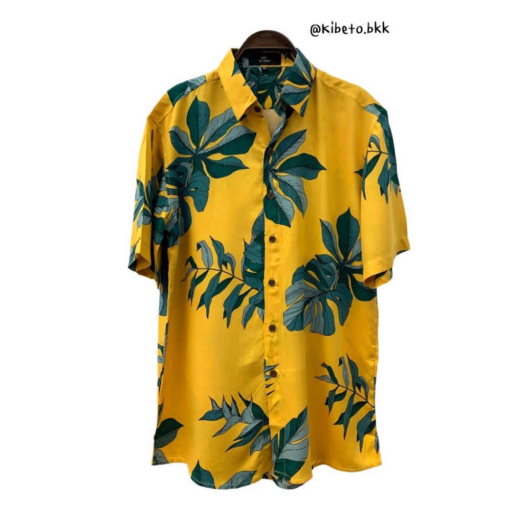 Kibeto เสื้อฮาวาย ลายใบไม้ สีเหลืองเขียว ผ้าสปันเรยอน เนื้อนิ่ม ใส่สบาย M L XL 2XL 3XL