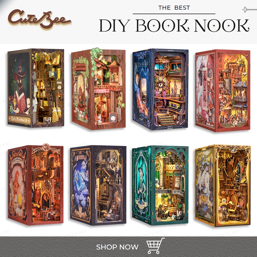 Cutebee DIY Book Nook 3D ที่กั้นหนังสือ บ้านตุ๊กตา บ้านของเล่น ของเล่นไม้(มีไฟ LED และฝาครอบกันฝุ่น)
