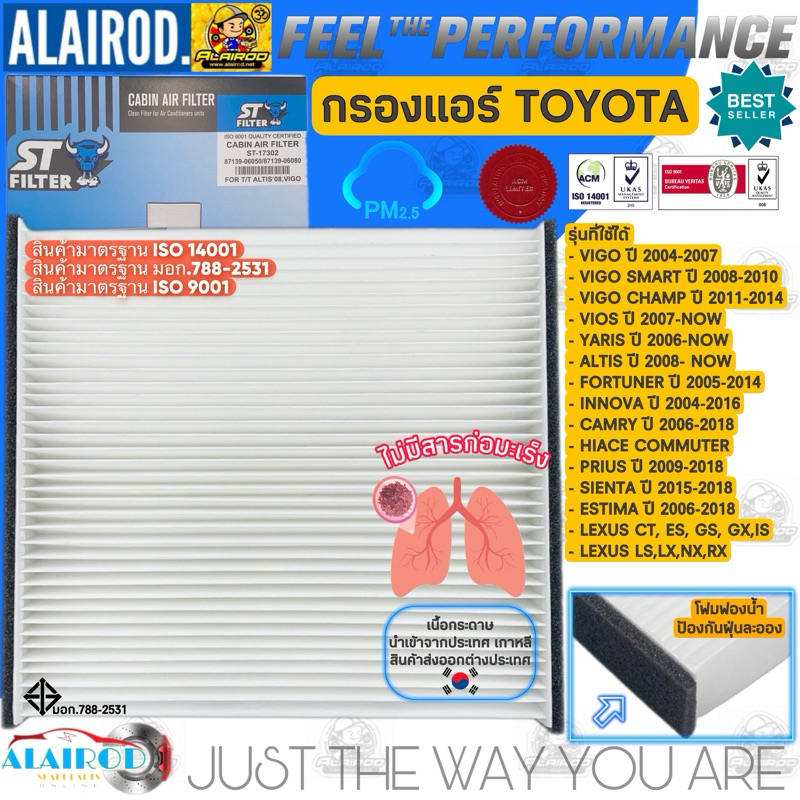 กรองแอร์ TOYOTA,VIGO,VIOS,YARIS,COMMUTER,FORTUNER,ALTIS วีโก้ วีออส ยารีส (194มม.x215มม.x 28มม.) ST-FILTER,WIX มี มอก.