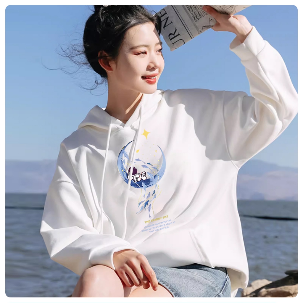 มนุษย์อวกาศ เสื้อฮู้ด แขนยาว ดวงจันทร์ อ่อนนุ่ม อเนกประสงค์ สีดำ สีขาว สีเทา การ์ตูน ชุดคู่ M-3XL【FS】 - รูปที่ 4