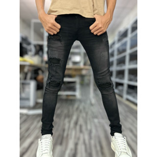 กางเกงยีนส์ผู้ชาย รหัสKM15 ขาเดฟผ้ายืดสีดำฟอกแต่งปะ by แป๊ะย…