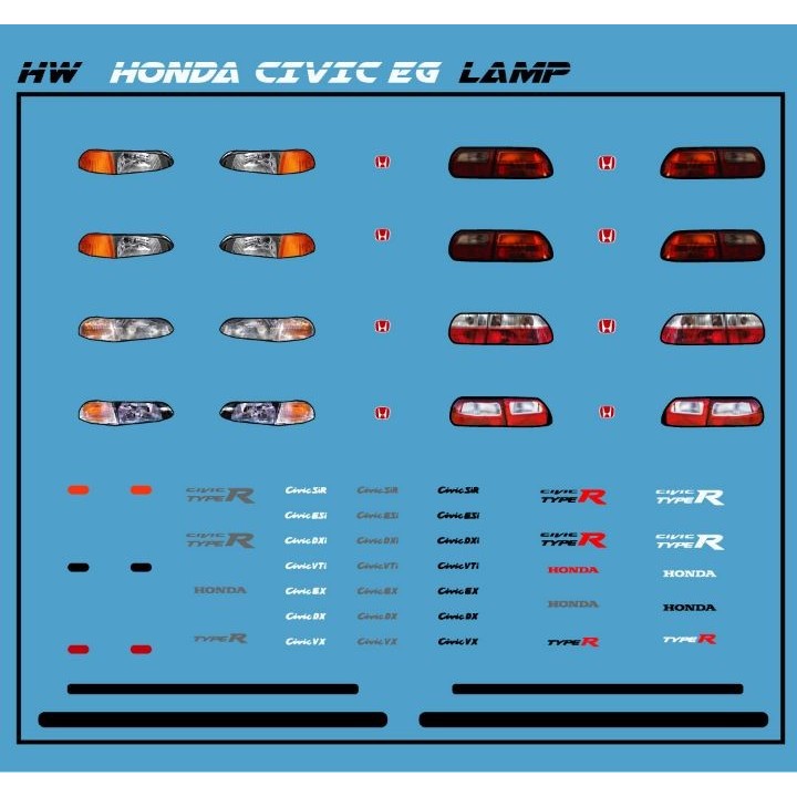 ดีคอล ไฟรถ Honda CIVIC EG อีจี ไฟหน้า ไฟท้าย ติดงานได้ทุกสี  lamp light hotwheel 1:64 Decal  water slide