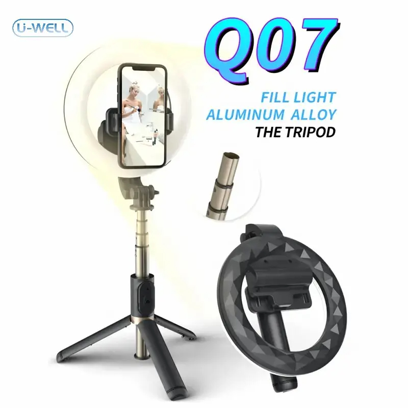 ไม้เซลฟี่โทรศัพท์ ไม้เซลฟี่พร้อมไฟไลฟ์สด6" ไม้เซลฟี่ ขาตั้งกล้องบลูทูธในตัว Q07 Portable 6" light Tr