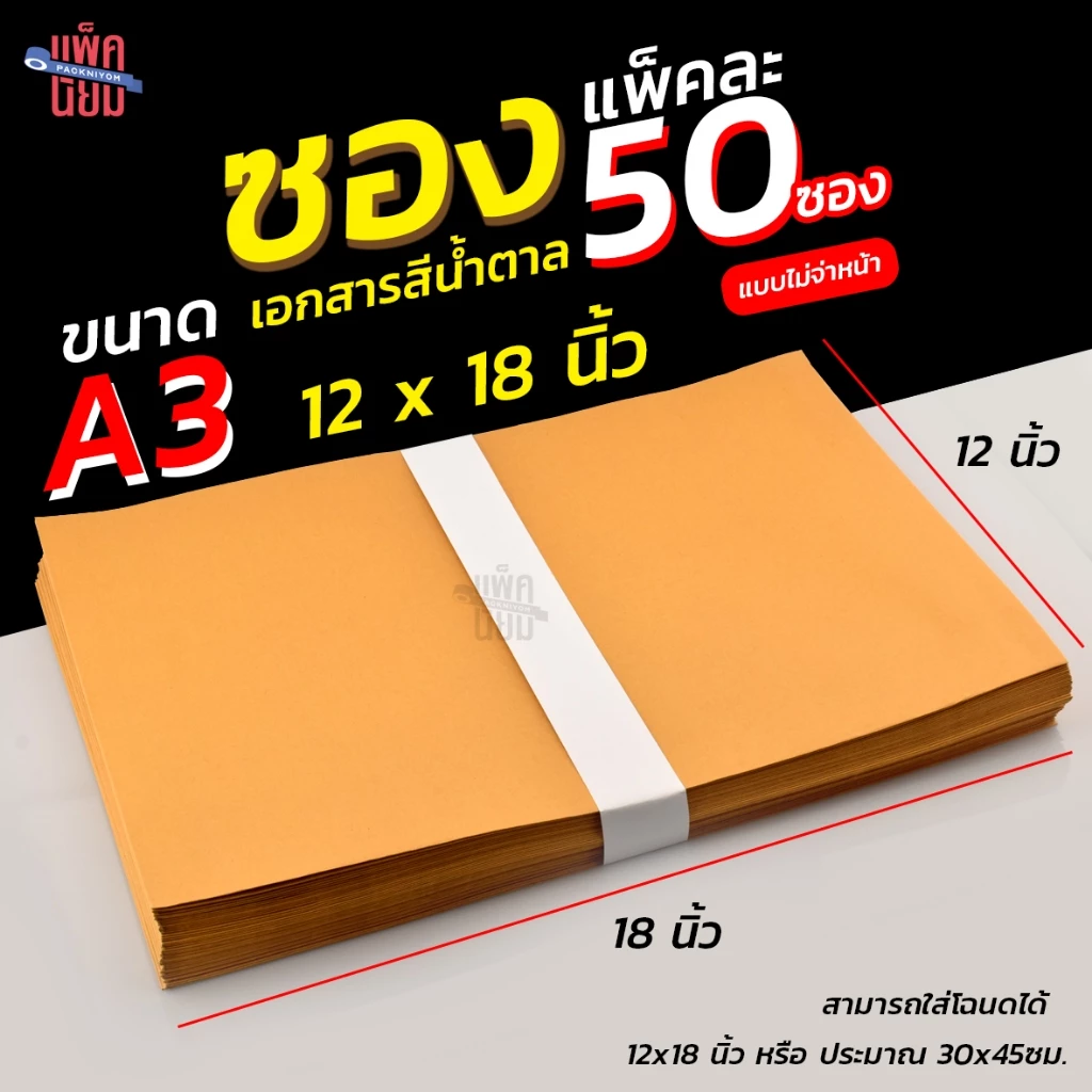 ซองน้ำตาล ซองเอกสาร ขนาด A3 ขนาด12x18นิ้ว [แพ็ค 50] ซองใส่โฉนดที่ดิน