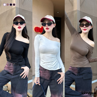 🌈SpinnyHouse🌈เสื้อยืดแขนยาวรัดรูป แต่งย่นข้าง เพิ่มความเพรีย…