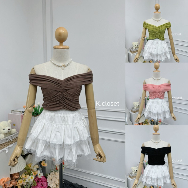 เสื้อครอปผ้าซีทรูทรงปาดไหล่ ทรงสวยน่ารัก