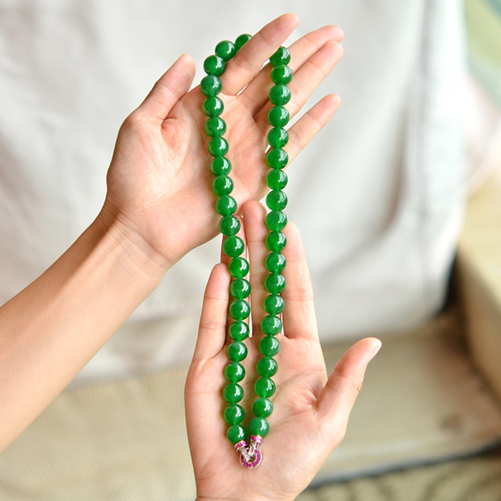100%หยกแท้ |สร้อยคอหยกแท้|หยกเจไดJadeite Type A|39เม็ด-108เม็ด|ตะขอคริสตัลสีแดงหรูหรา|เงินแท้92.5%
