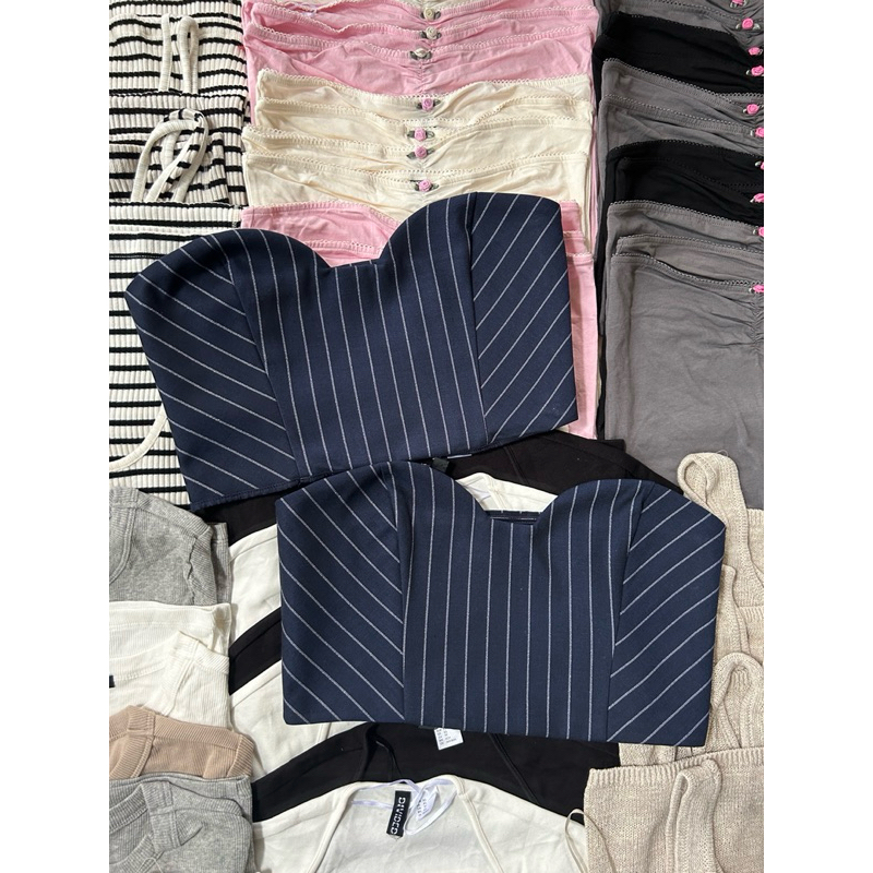 (ของแท้ ) BERSHKA striped tube เกาะอก สีกรม