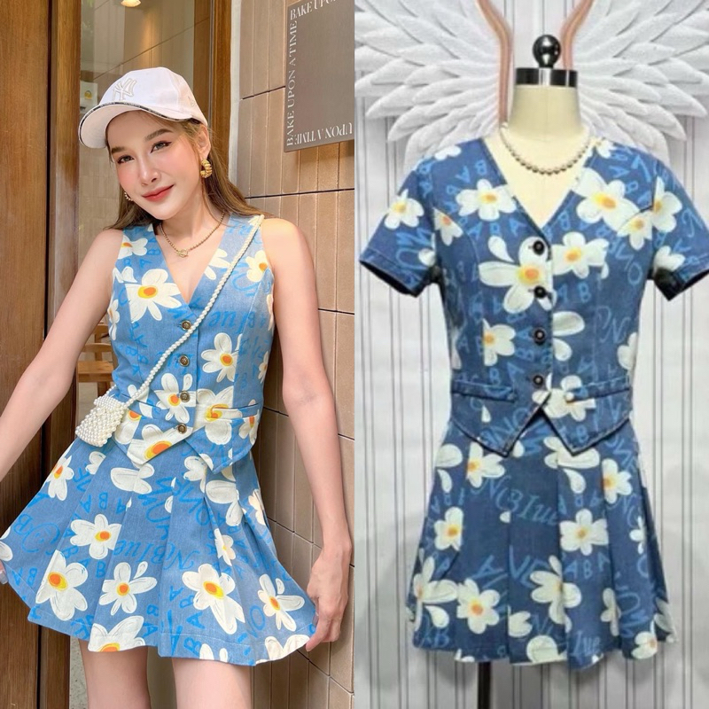 (งานจริงในหุ่นมีแขน m,l,xl,4xl) ชุดยีนส์ ชุดยีนส์ เซตกระโปรง เสื้อ+กระโปรงยีนส์ ลายดอก งานป้าย chalita