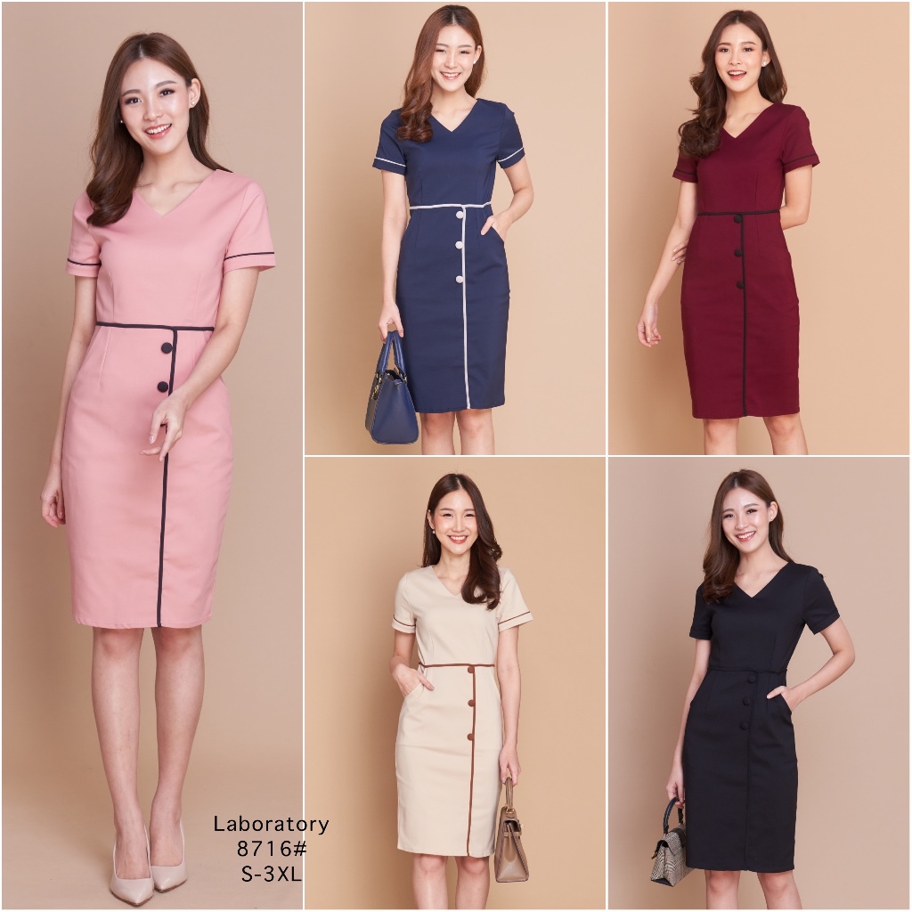 Laboratory 8716# ชุดทำงาน เดรสคอวีทรงสอบแต่งกระดุม มีกระเป๋า