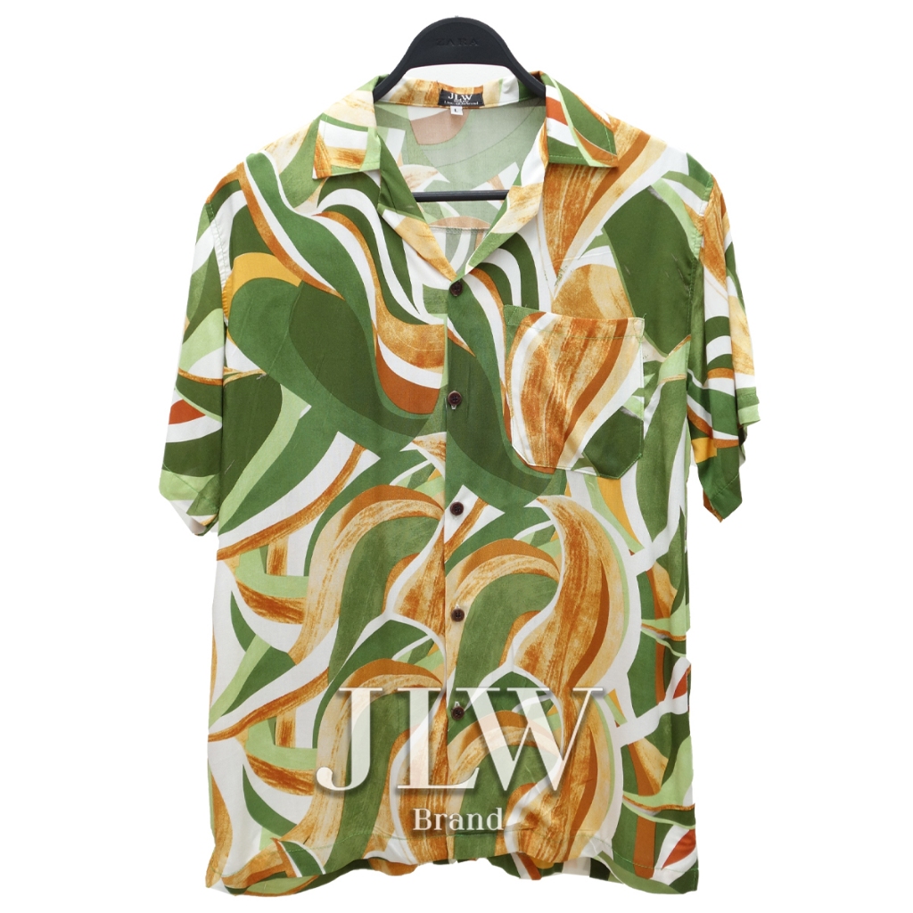 เสื้อฮาวาย ลายกลีบทิวลิป เขียว ผ้านิ่ม M L XL Oversize คอฮาวาย JLW BRAND
