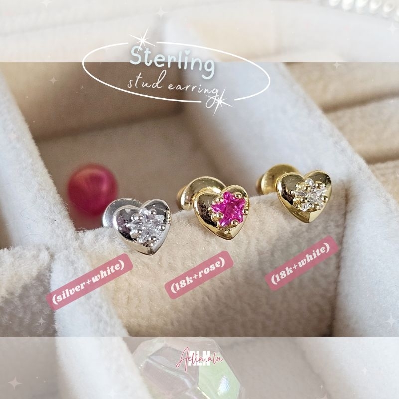 พร้อมส่ง Sterling stud earring - aelin ( ต่างหูรูปหัวใจประดับเพทายรูปดาว ) #SE5-7
