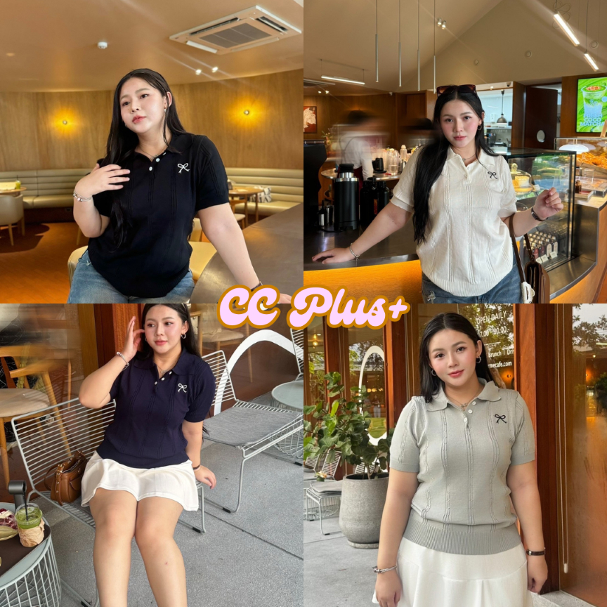 CiCi Plus+ (A2156-1) เสื้อไหมพรมคอปกปักโบว์แขนจั้ม กระดุมแกะได้ สไตล์เกาหลี สาวพลัสไซส์
