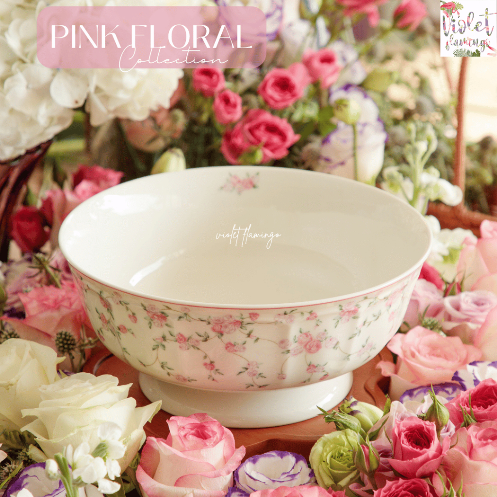 Violet Flamingo ถ้วยซุป Pink Floral Collection ลายดอกไม้สีชมพู ถ้วยเซรามิค ชามใส่แกง เข้าไมโครเวฟได้