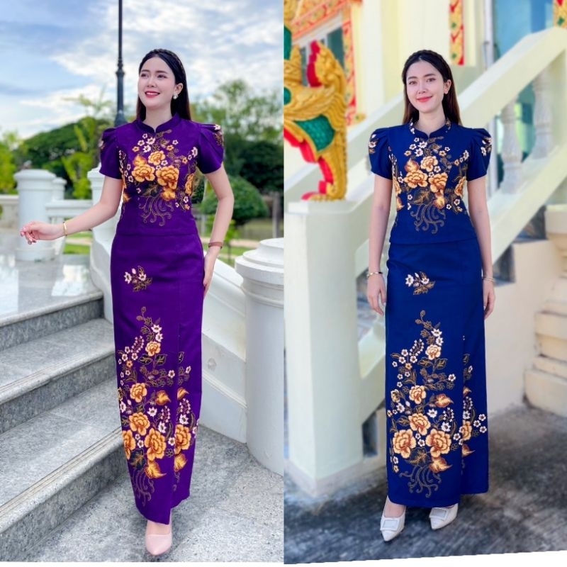เซตเสื้อ+กระโปรงผ้าปาเต๊ะมาเล คอจีน แขนจีบบัว