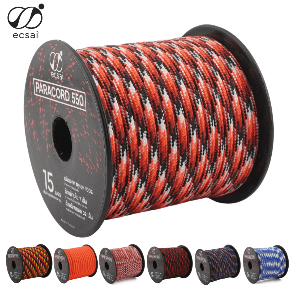 ecsai เชือกพาราคอร์ด 550 (Paracord 550) ขนาด 4 มม. ไนลอน 100% แกน 7 เส้น สำหรับงาน DIY แคมป์ปิ้ง รับน้ำหนัก 250kg
