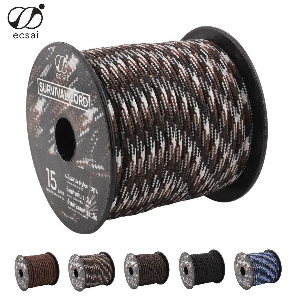 ecsai Survival Cord - เชือกพาราคอด 4 มม. ฟรี!ตะขอตกปลา พร้อมเชือกจุดไฟและสายเบ็ดตกปลา เชือกแคมป์ปิ้ง