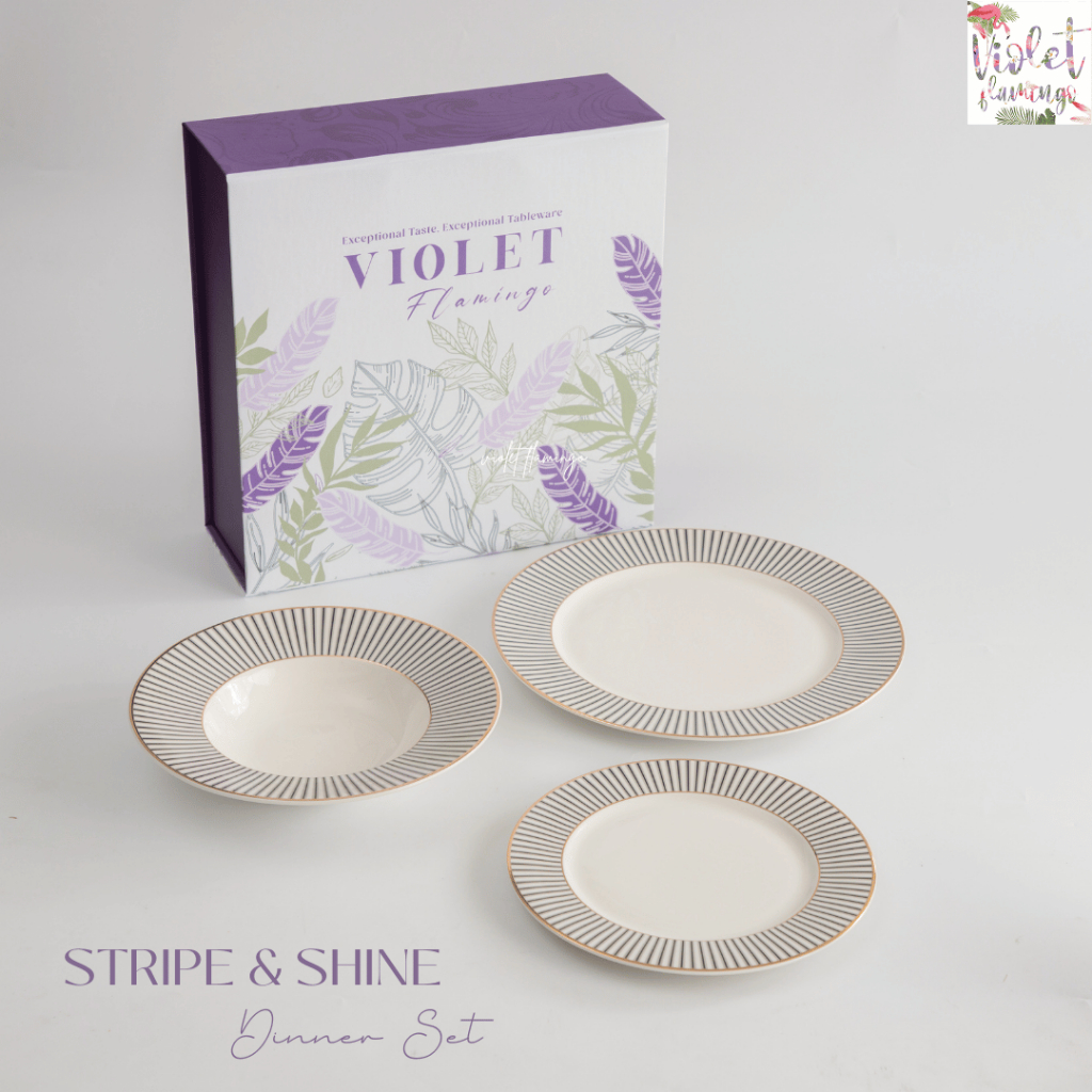 Violet Flamingo เซ็ตของจานเซรามิคพร้อมกล่องของขวัญ เซ็ตของขวัญพรีเมี่ยม ชุดจาน 3 ใบ Stripe & Shine Collection