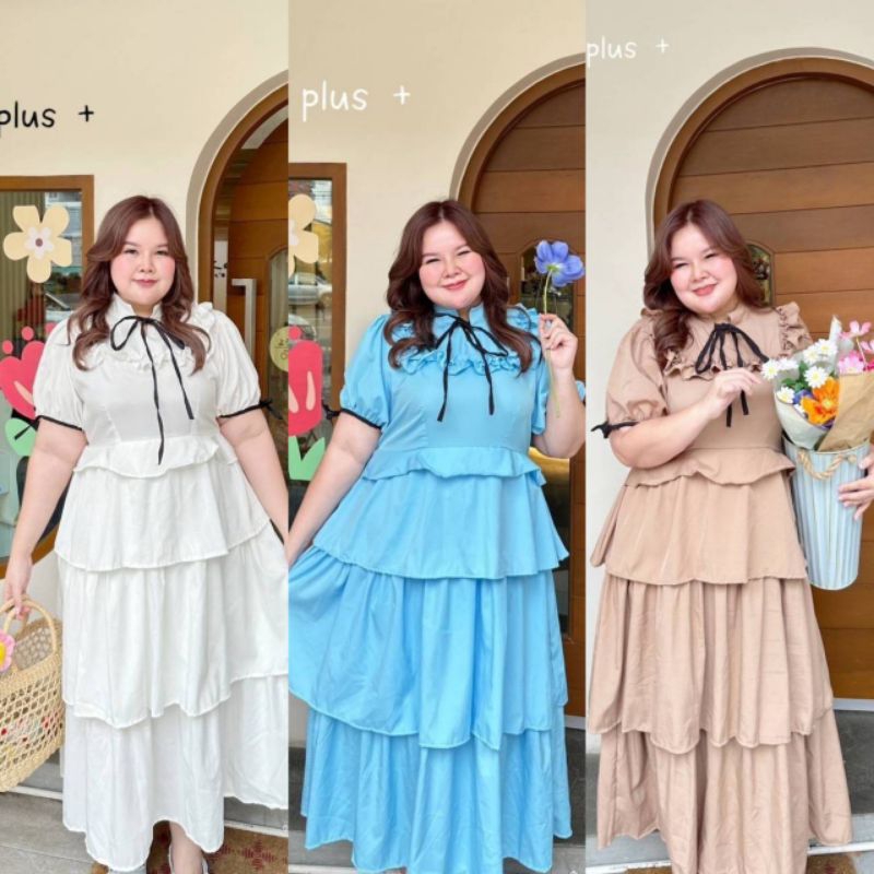 (AN) เดรสขนมชั้นแมกซี่ เดรสสาวอวบ ผ้าไหมอิตารี