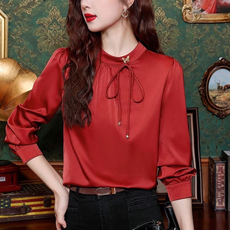 พร้อมส่ง : เสื้อเชิ้ตผูกโบว์สวยงามสไตล์เกาหลี เนื้อผ้าชีฟองสำหรับผู้หญิง