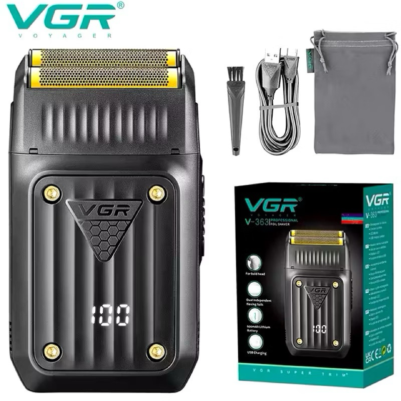 VGR vgr363 เครื่องโกนหนวดไฟฟ้า เครื่องโกนหนวดโกนเครา  มีจอบอกสถานะแบต รุ่นใหม่ สีดำด้าน