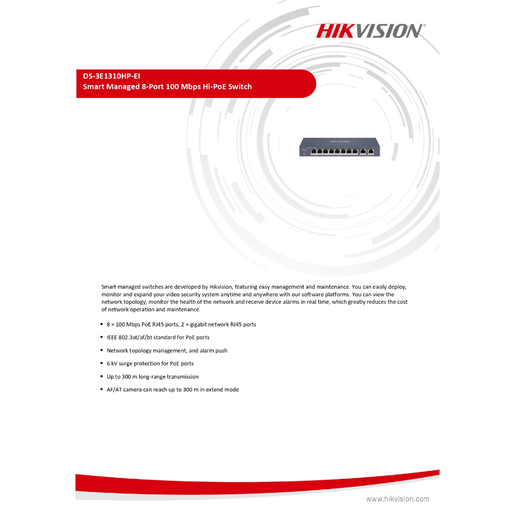 HIKVISION DS-3E1310HP-EI Smart PoE Switch จำนวน 4+2 ช่อง 10/100MB PoE,Uplink (Smart Managed) (รับประกัน 3 ปี)