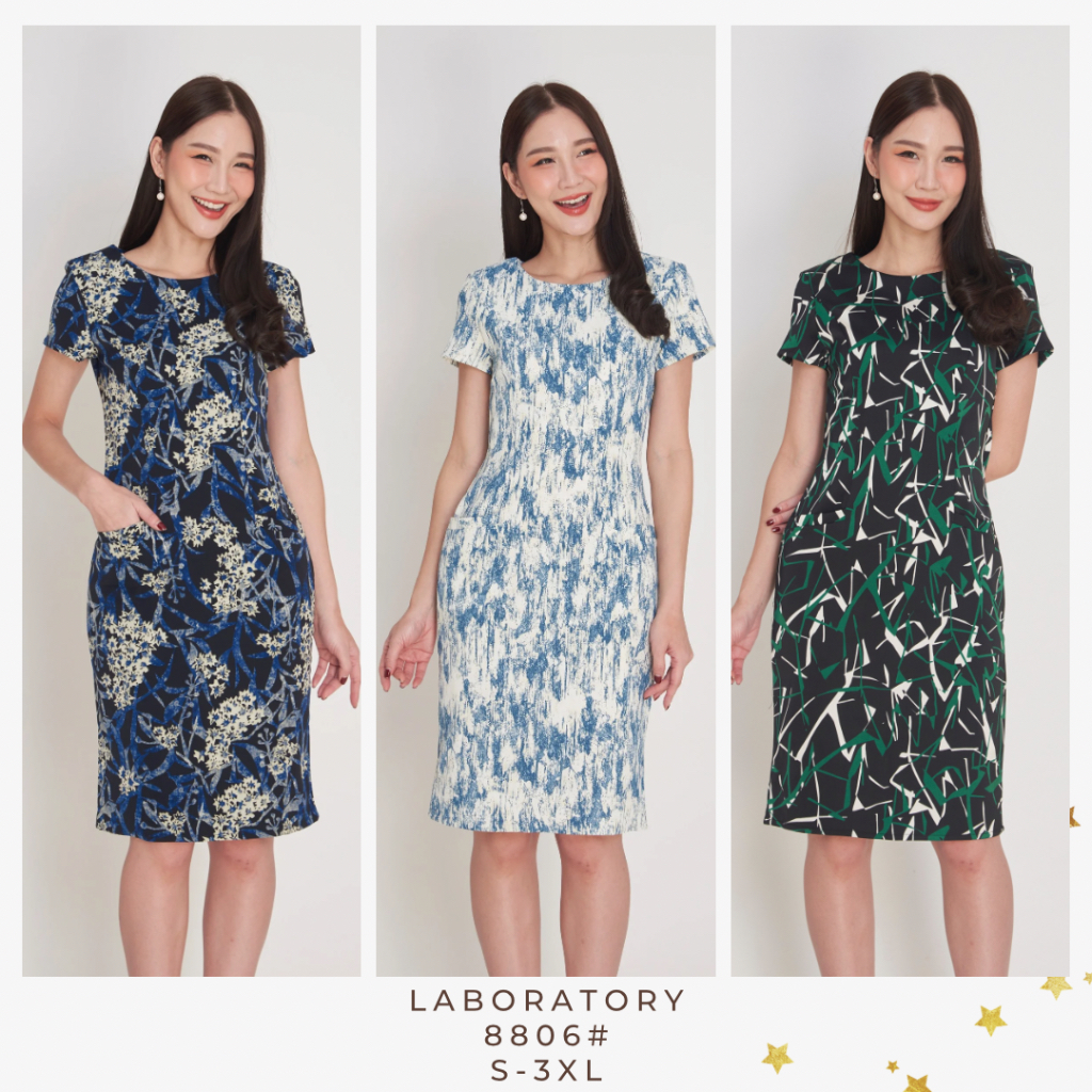 Laboratory 8806# Basic dress ผ้าพิมพ์ลายอัดผ้ากาวไซส์ S-3XL